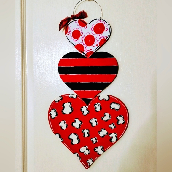Handmade Crafted Valentine's 3-Hearts Stacked Wood Front Door Sign Hand painted - Picture 1 of 1